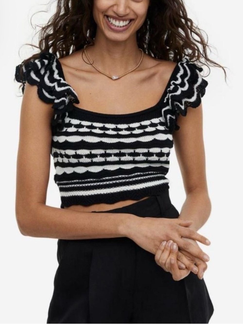 Black & White Knit Ruffle Crochet Crop Top